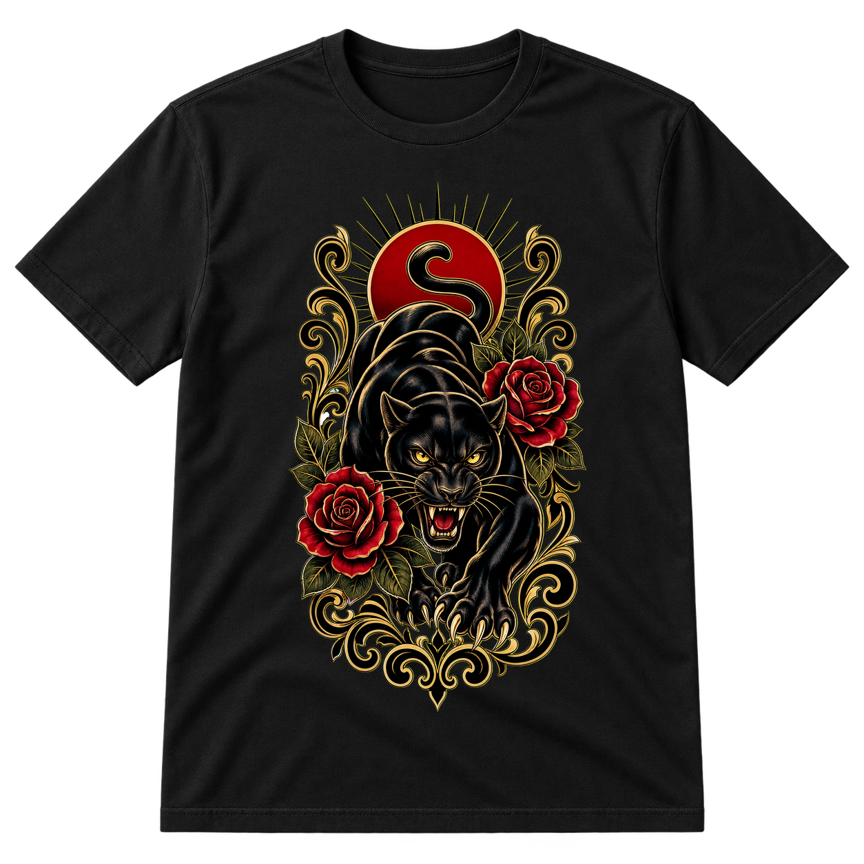 Black Panther Roses Traditional Tattoo Tshirt