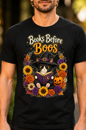 Books Before Boos Halloween Cat Tshirt