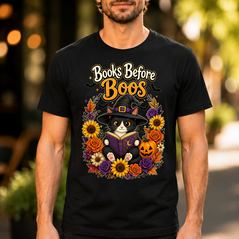 Books Before Boos Halloween Cat Tshirt