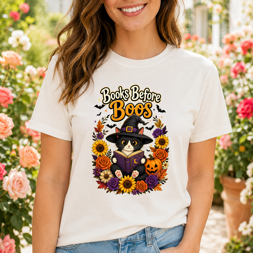 Books Before Boos Halloween Cat Tshirt