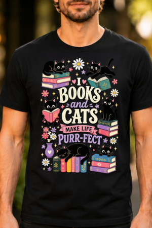 Cats And Books Illustration Tshirt
