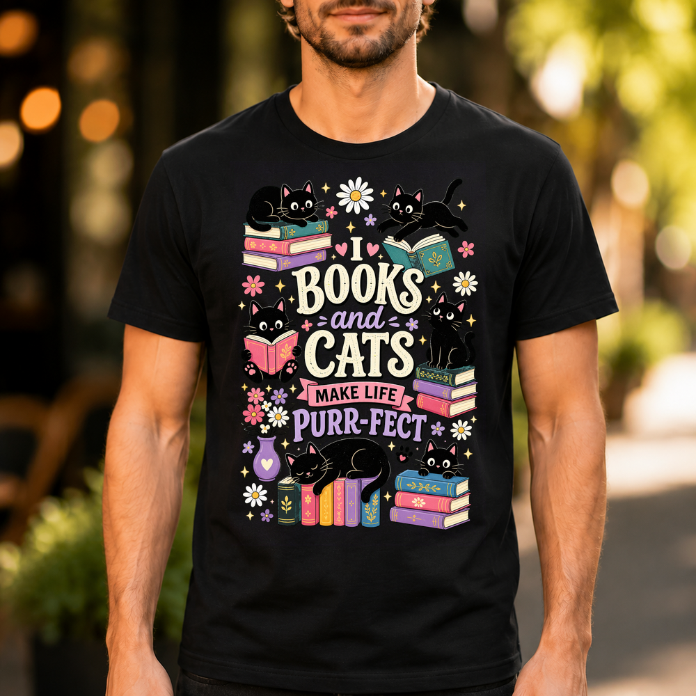 Cats And Books Illustration Tshirt