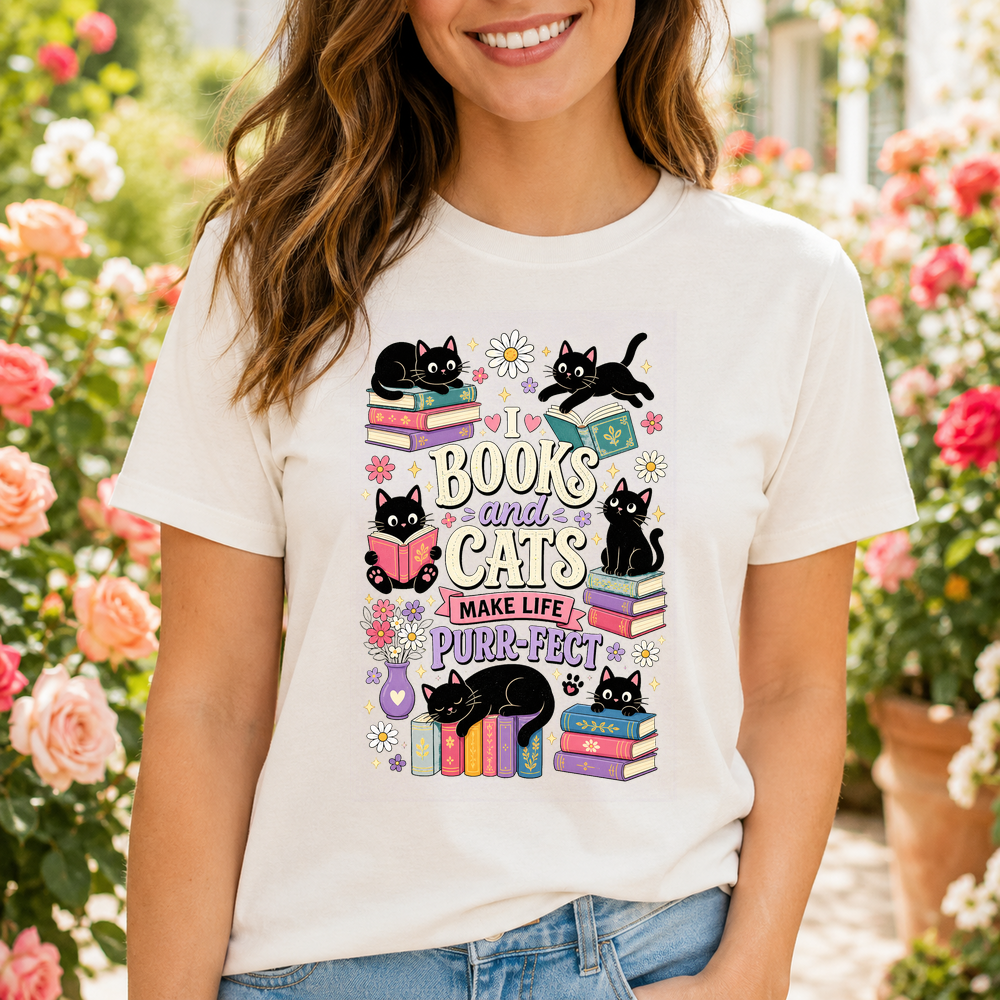 Cats And Books Illustration Tshirt