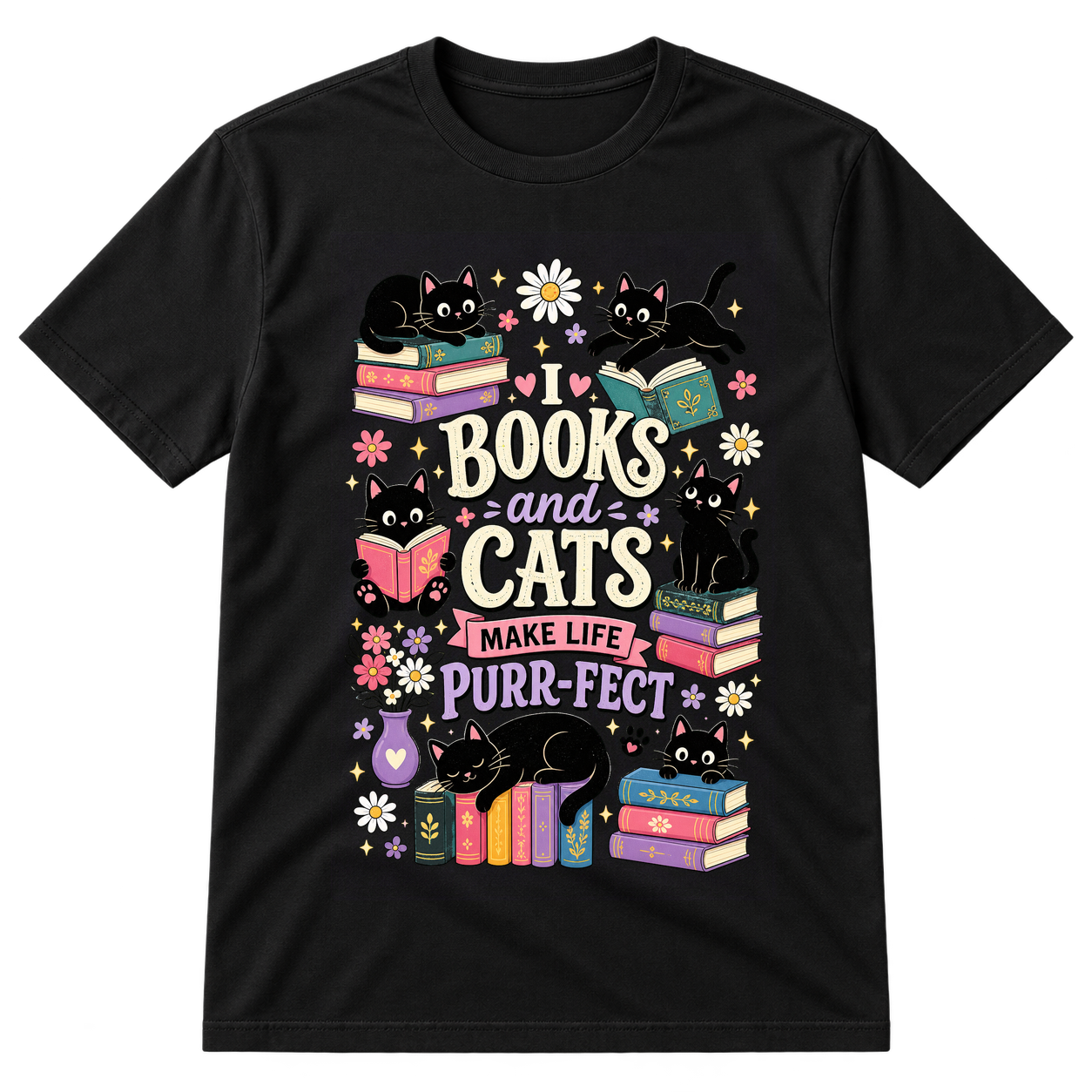 Cats And Books Illustration Tshirt