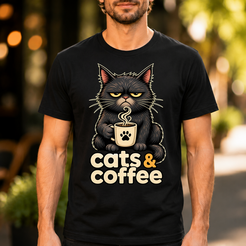 Cats And Coffee Grumpy Cat Illustration Tshirt