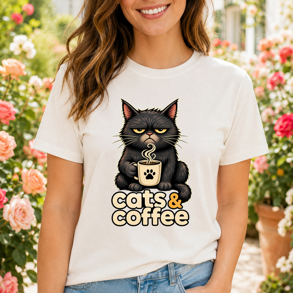 Cats And Coffee Grumpy Cat Illustration Tshirt