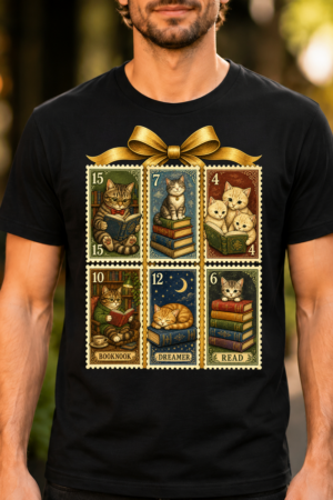Cats Books Postage Stamps Tshirt