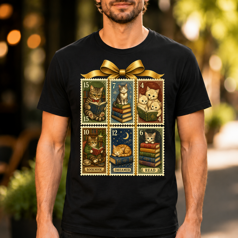 Cats Books Postage Stamps Tshirt