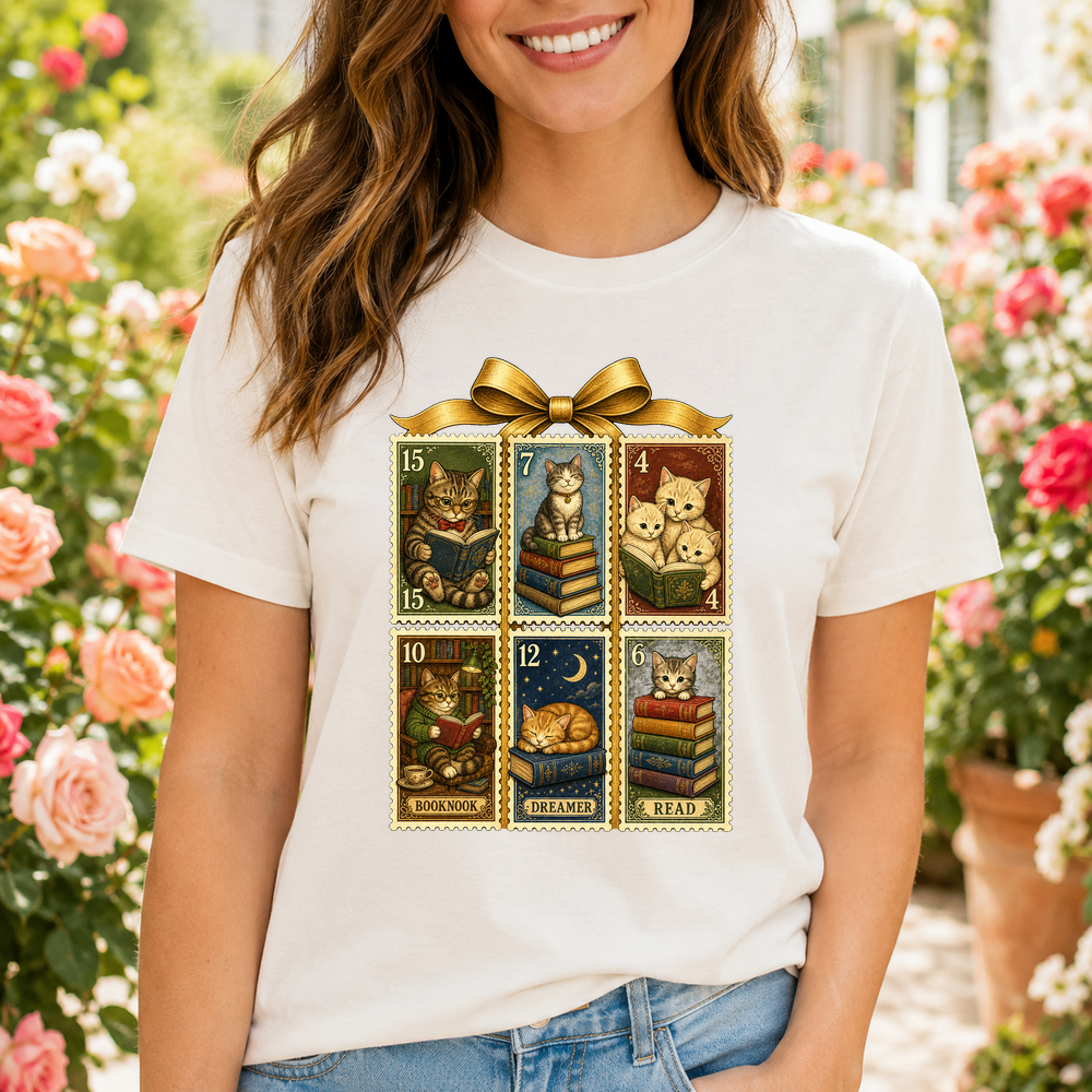 Cats Books Postage Stamps Tshirt