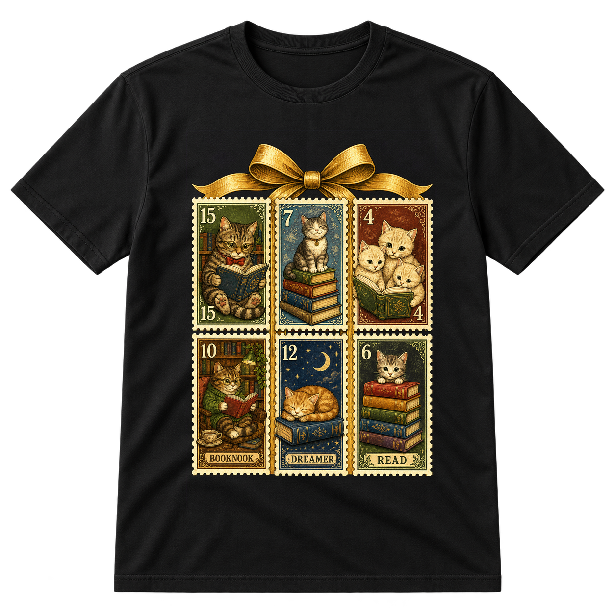 Cats Books Postage Stamps Tshirt