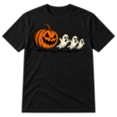 Vintage-style illustration of a grinning jack-o'-lantern chasing three small cartoon ghosts.