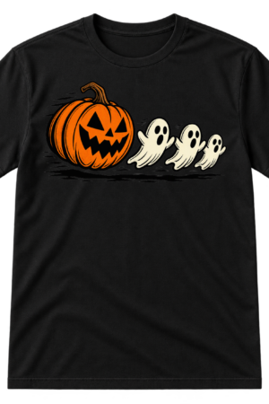 Vintage-style illustration of a grinning jack-o'-lantern chasing three small cartoon ghosts.