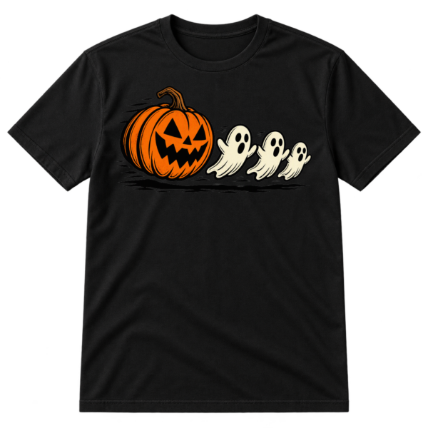 Vintage-style illustration of a grinning jack-o'-lantern chasing three small cartoon ghosts.