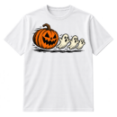 Vintage-style illustration of a grinning jack-o'-lantern chasing three small cartoon ghosts.