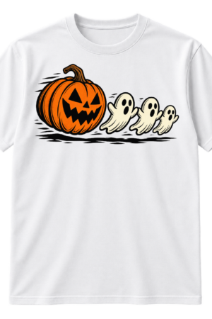 Vintage-style illustration of a grinning jack-o'-lantern chasing three small cartoon ghosts.