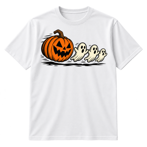 Vintage-style illustration of a grinning jack-o'-lantern chasing three small cartoon ghosts.