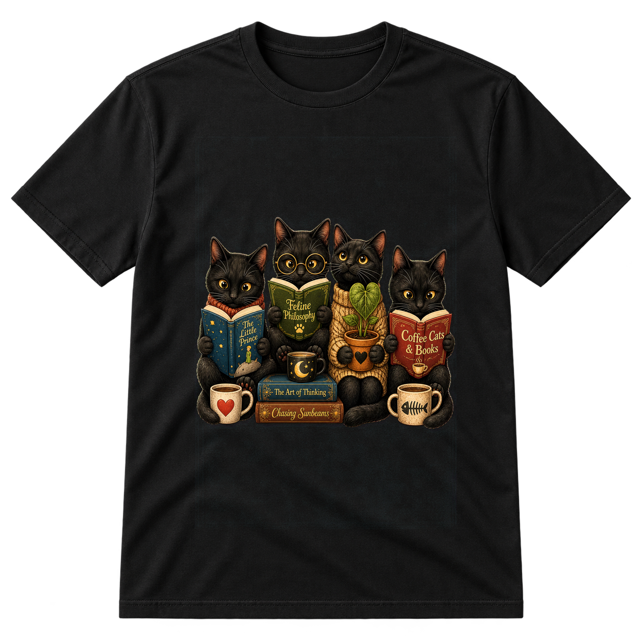 Cozy Black Cats Reading Books Tshirt