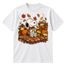 Vintage-style Snoopy and Woodstock autumn picnic illustration with pumpkins, leaves, coffee, cookies, and a lantern.