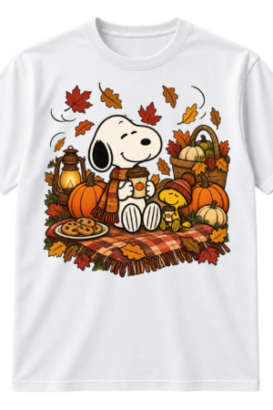 Vintage-style Snoopy and Woodstock autumn picnic illustration with pumpkins, leaves, coffee, cookies, and a lantern.
