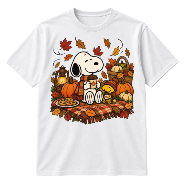 Vintage-style Snoopy and Woodstock autumn picnic illustration with pumpkins, leaves, coffee, cookies, and a lantern.