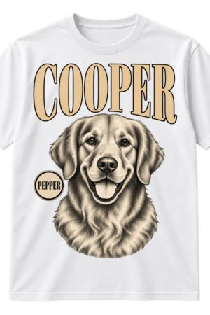 Vintage engraved dog portrait with the name COOPER in large serif letters above.