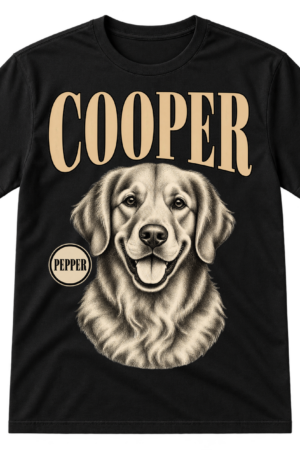 Vintage engraved dog portrait with the name COOPER in large serif letters above.