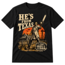 Vintage horror graphic with the words “HE'S FROM TEXAS I CAN TELL,” a masked chainsaw-wielding figure, farmhouse, windmill, bats, and distressed western lettering.