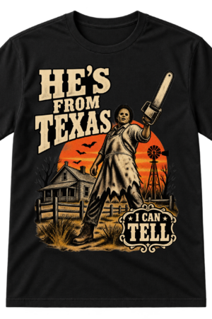 Vintage horror graphic with the words “HE'S FROM TEXAS I CAN TELL,” a masked chainsaw-wielding figure, farmhouse, windmill, bats, and distressed western lettering.