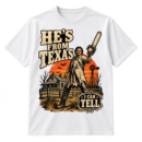 Vintage horror graphic with the words “HE'S FROM TEXAS I CAN TELL,” a masked chainsaw-wielding figure, farmhouse, windmill, bats, and distressed western lettering.