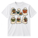 Six cute cartoon ghosts reading, holding, and stacking books.