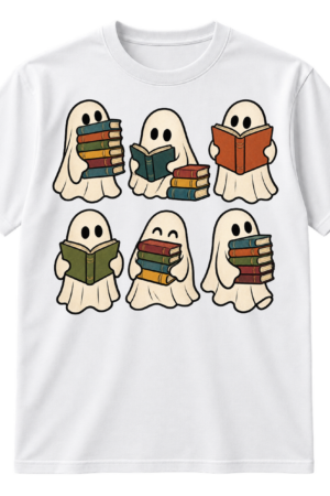 Six cute cartoon ghosts reading, holding, and stacking books.