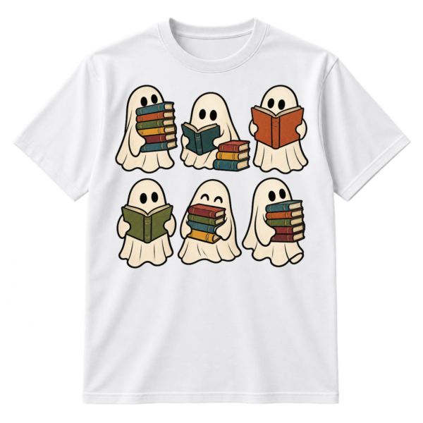 Six cute cartoon ghosts reading, holding, and stacking books.