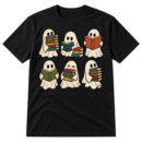 Six cute cartoon ghosts reading, holding, and stacking books.