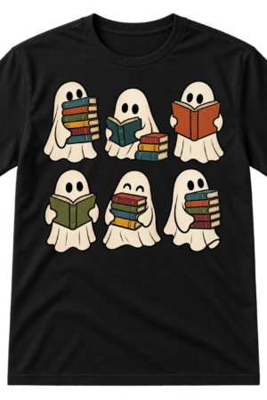 Six cute cartoon ghosts reading, holding, and stacking books.