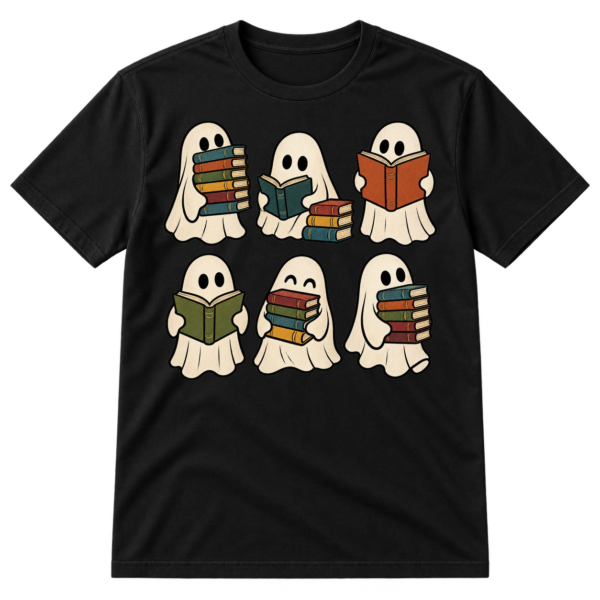 Six cute cartoon ghosts reading, holding, and stacking books.