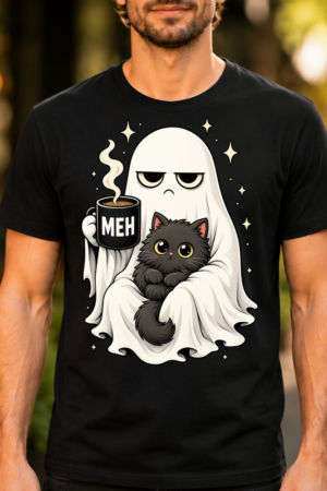Grumpy Ghost With Black Cat And Coffee Tshirt