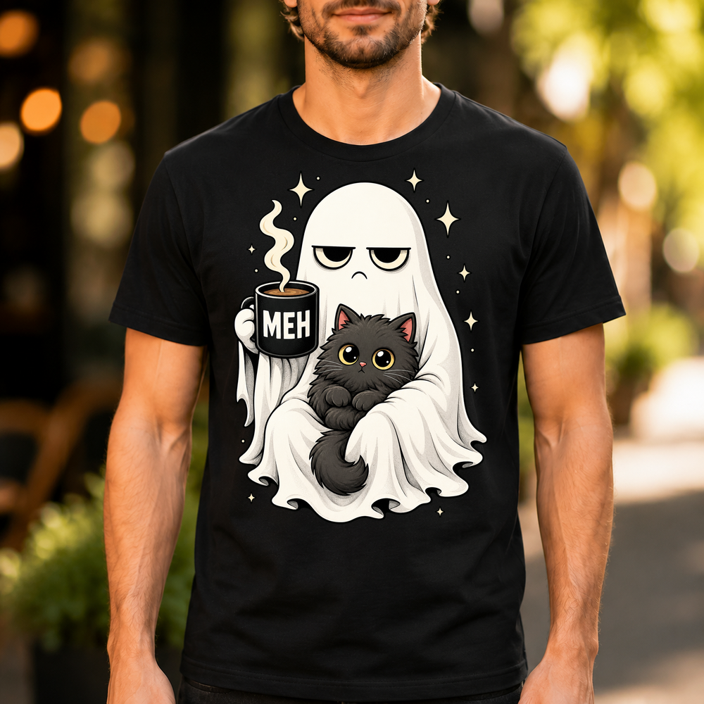 Grumpy Ghost With Black Cat And Coffee Tshirt