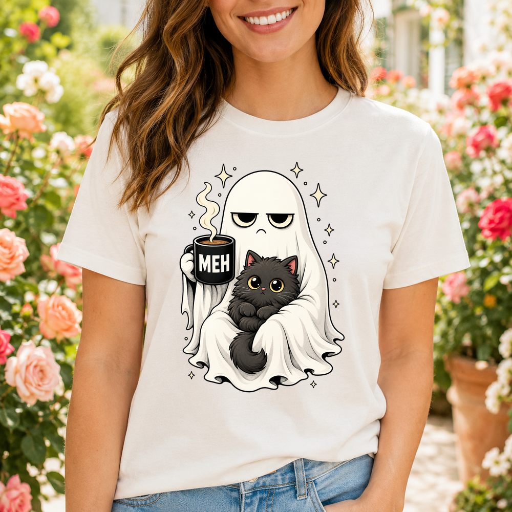 Grumpy Ghost With Black Cat And Coffee Tshirt