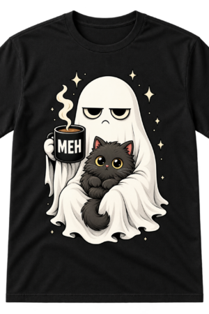 Grumpy Ghost With Black Cat And Coffee Tshirt