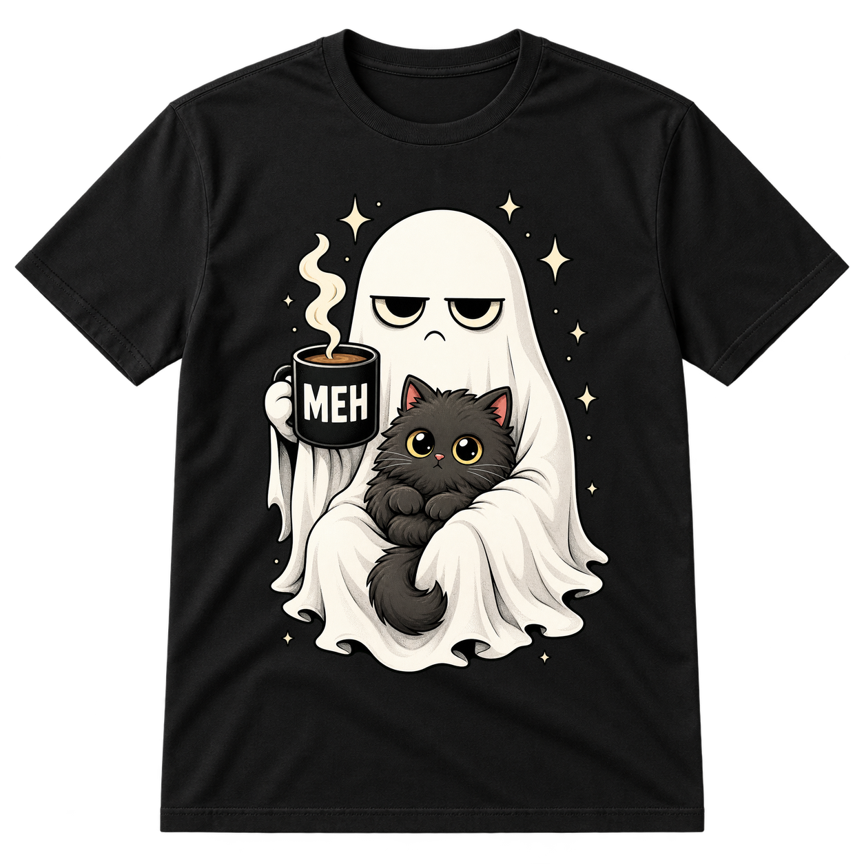 Grumpy Ghost With Black Cat And Coffee Tshirt