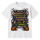Vintage Halloween illustration of stacked VHS tapes surrounded by bats, spiderwebs, bare branches, and jack-o'-lanterns.