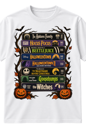 Vintage Halloween illustration of stacked VHS tapes surrounded by bats, spiderwebs, bare branches, and jack-o'-lanterns.