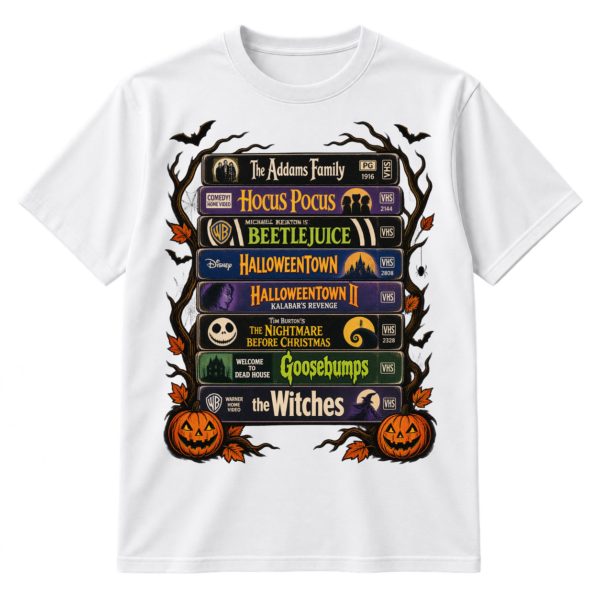 Vintage Halloween illustration of stacked VHS tapes surrounded by bats, spiderwebs, bare branches, and jack-o'-lanterns.
