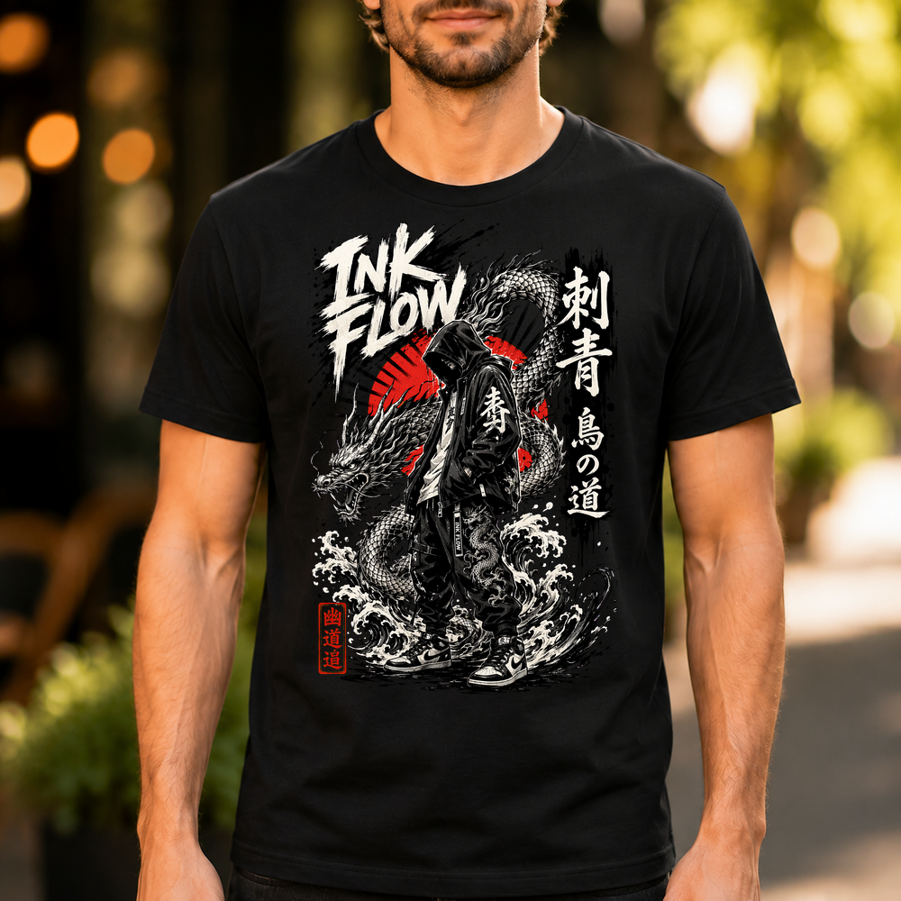 Ink Flow Japanese Streetwear Dragon Tshirt