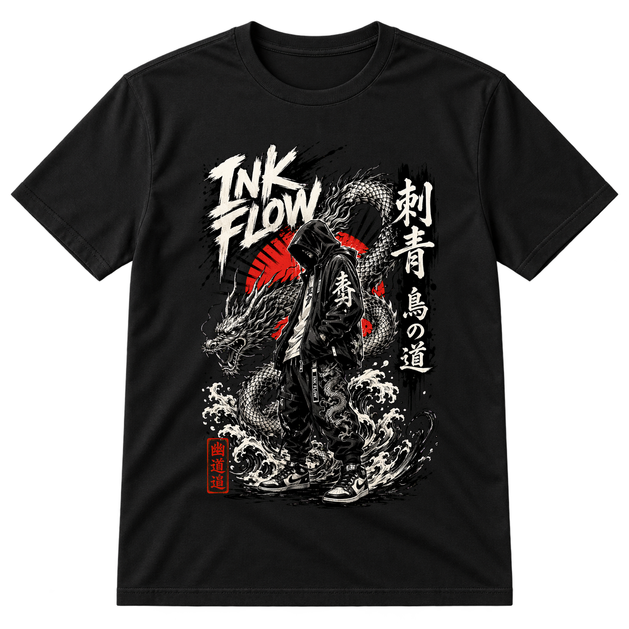 Ink Flow Japanese Streetwear Dragon Tshirt