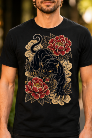 Japanese Panther Peony Tattoo Style Tshirt