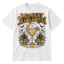 Vintage Midnight Margaritas typography with a celestial margarita glass, crescent moon, bats, citrus slices, stars, and botanical artwork.