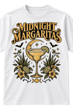 Vintage Midnight Margaritas typography with a celestial margarita glass, crescent moon, bats, citrus slices, stars, and botanical artwork.