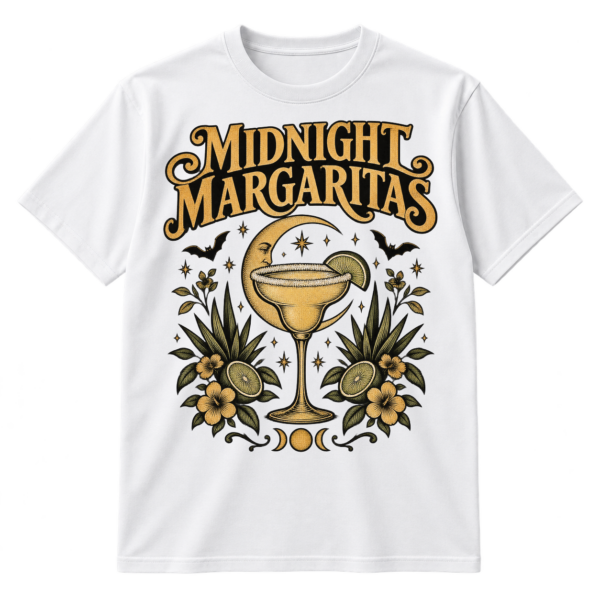 Vintage Midnight Margaritas typography with a celestial margarita glass, crescent moon, bats, citrus slices, stars, and botanical artwork.