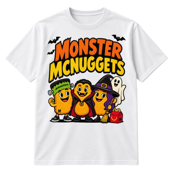 Monster McNuggets Halloween graphic with cartoon nugget characters dressed as Frankenstein, Dracula, and a witch.